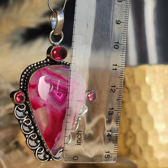 Bold Sterling Silver Pink Agate Pendant with Faceted Ruby Accents - Picture 9 of 10